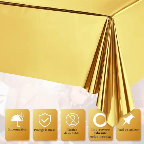 Vista 4 de Tatuo Juego de 3 manteles de mesa de fiesta rectangulares de papel de aluminio, mantel de mesa de plástico brillante impermeable de 54 x 108 Dorado