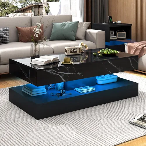 Vista 9 de chartustriable Mesa auxiliar grande de 39.4 pulgadas con LED de alto brillo con 2 cajones deslizantes, mesas de centro de almacenamiento para sala