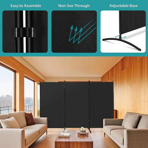 Vista 6 de SUPER DEAL Divisor de habitación, pantallas de privacidad plegables de 6 pies, 3 paneles separadores de habitación portátiles con soportes de metal