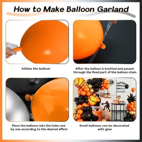 Vista 9 de Kit de arco de globos de baloncesto, kit de guirnalda de globos naranja y negro plateado con globos de estrella en explosión, kit de globos