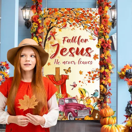 Vista 5 de YE - Cubierta de puerta con texto en inglés "Fall for Jesus He Never Leed", decoración de puerta de religión cristiana de calabaza para otoño