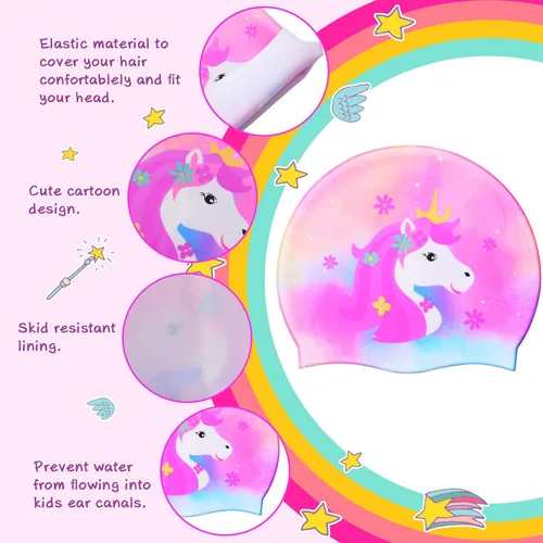 Vista 4 de Syhood Gorras de natación para niños, 3 unidades, impermeables, gorro de natación de dibujos animados para cabello largo y corto, para niños y niñas
