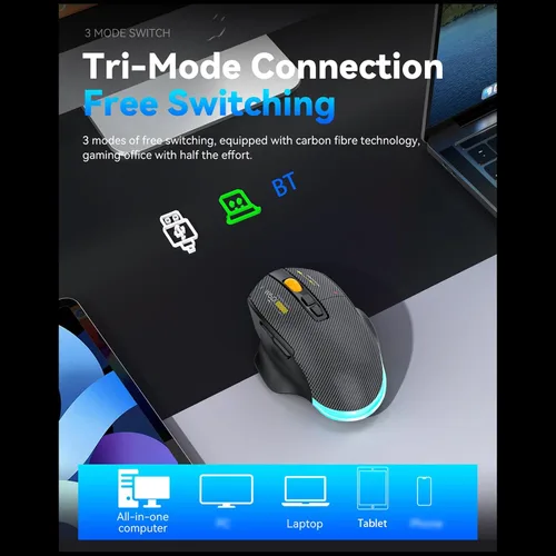 Vista 3 de EBTOOLS Gaming Mouse, 12800DPI RGB Ergonomic Design with Wired 2.4G BT Connectivity, 7 Programmable Buttons, 5 Lighting Modes for PC Laptop Black