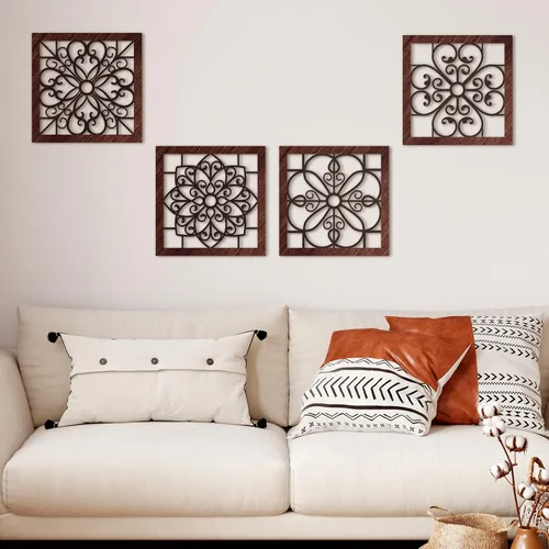 Vista 3 de Yulejo Decoración de pared rústica gruesa de 4 piezas, diseño hueco de madera tallada, arte de pared rústico para sala de estar, dormitorio Negro