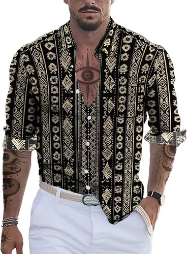 Vista 9 de domirica Camisa de manga larga con botones para hombre, étnica 2025, para verano, hawaiana, playa, casual, vintage, novedosa, ligera