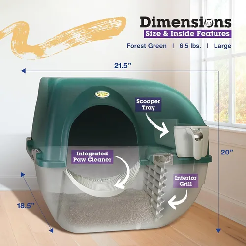 Vista 4 de Omega Paw VMRA20-1-PR Premium Roll 'N Clean - Caja de arena grande autolimpiante con escalón de arena integrado y parrilla de tamizado única, verde