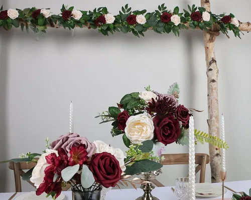 Vista 6 de ponatia Flores artificiales burdeos, combo de flores de boda para bricolaje, ramos de boda, centros de mesa, arreglos, fiestas, baby shower Borgoña