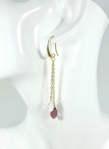 Vista 5 de Aretes colgantes extra largos de 2 cadenas de oro de 14 quilates con cristales austriacos raros chapados en puro gota para mujeres, San Valentín