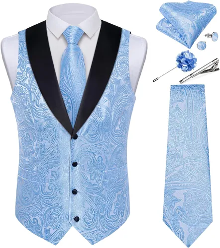Vista 21 de DiBanGu Chaleco de traje de cachemira para hombre, chaleco jacquard de seda y corbata, chaleco formal de cuello de chal, 7 piezas para fiesta