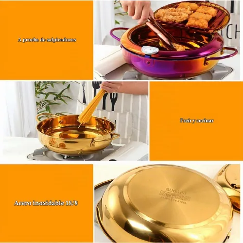 Vista 4 de Olla de acero inoxidable 304, olla tempura de 3.2L/2.8 cuartos de galón con tapa de termómetro y escurridor de aceite, olla japonesa para cocina