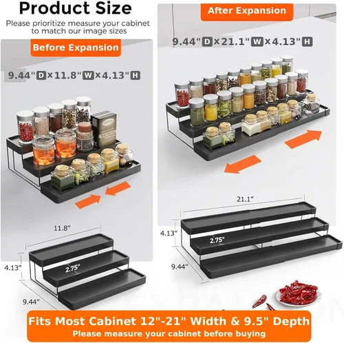 Vista 2 de Organizador de especias expandible – Organizador de especias ajustable de 3 niveles para gabinete y encimera – Fácil visibilidad – Negro