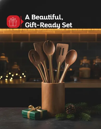 Vista 5 de Juego de 5 utensilios de acacia con soporte – Utensilios de cocina de madera de primera calidad, juego de espátula y cuchara de madera de acacia