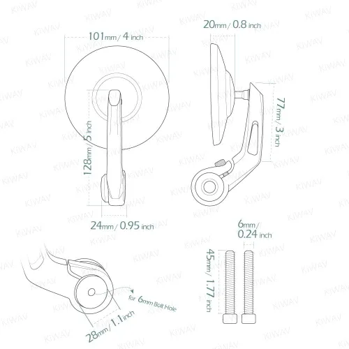 Vista 4 de KiWAV Espejos de extremo de barra para motocicleta Bob Chrome compatible con manillar roscado M6