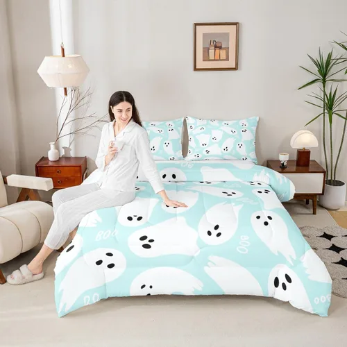 Vista 15 de Castle Fairy Happy Halloween - Juego de edredón para niños, tamaño Queen, juego de ropa de cama con diseño de fantasmas de dibujos animados rosa