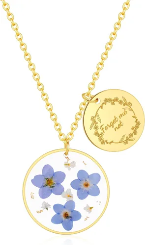 Vista 84 de Forget-Me-Not and Queen Anne's Lace Pressed Wildflower Necklace Birth Month Real Flower Necklace Gold/Silver Pressed Flower Jewelry