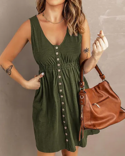 Vista 2 de BTFBM - Vestido de verano sin mangas y con cintura alta para mujer, vestido de playa con tela de punto acanalado, cuello redondo, botones