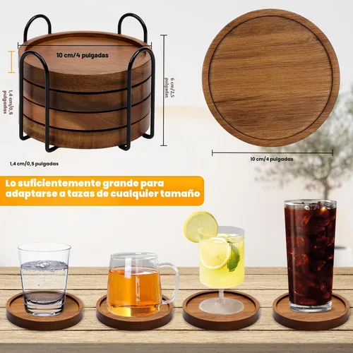 Vista 4 de 4 piezas de posavasos de madera absorbentes para bebidas, posavasos de madera con soporte, posavasos para bebidas para mesa de café, juego