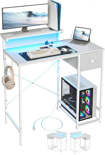 Vista 11 de X-cosrack Escritorio pequeño para juegos de 33.5 pulgadas con luces LED y soporte largo para monitor, escritorio compacto para computadora con tomas