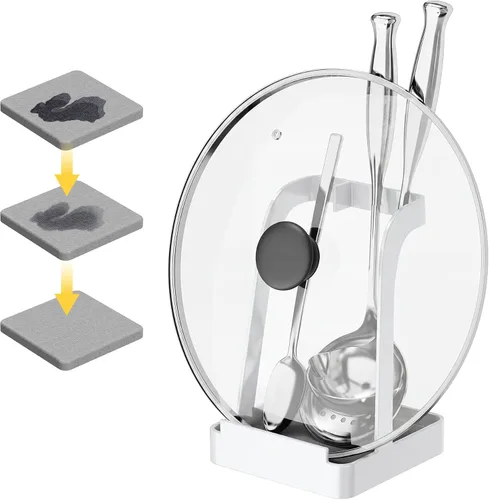 Vista 12 de NiHome Soporte para tapa de olla grande y soporte para cuchara con bandeja de goteo extraíble, organizador de encimera de cocina de hierro negro
