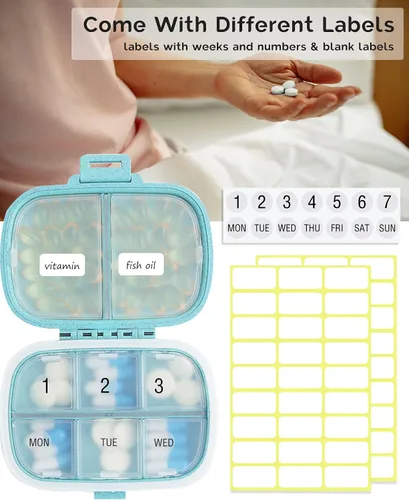 Vista 4 de Organizador de pastillas de viaje con 8 compartimentos, pastillero diario pequeño para bolsa de bolsillo, contenedor de píldoras portátil Azul
