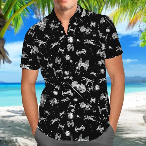 Vista 4 de GLANRA Camisa hawaiana tropical con patrón de acorazados espaciales manga corta con botones camisa de playa para vacaciones camisa unisex