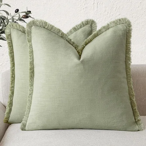 Vista 8 de Foindtower Fundas de almohada decorativas de lino con flecos de 16 x 16 Verde abundante