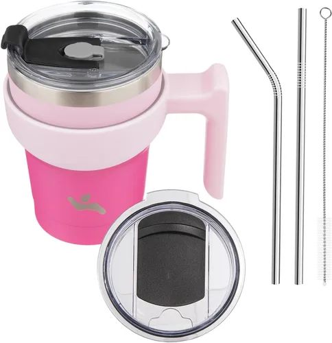 Vista 62 de Konokyo - Vaso de 10 onzas con asa y 2 popotes, 2 tapas, botella de agua aislada de acero inoxidable, taza de viaje reutilizable, color verde militar