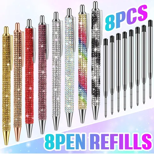 Vista 3 de Lincia 8 bolígrafos de diamantes de imitación brillantes, bonitos bolígrafos de diamantes de imitación a granel, bolígrafo de metal colorido con 8