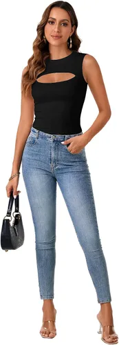 Vista 6 de Vrtige Camiseta sin mangas sexy con cuello redondo para mujer, de punto acanalado, sin mangas, ajustada