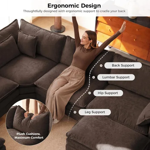 Vista 5 de ELUCHANG Sofá modular en forma de V de 114 pulgadas, sofá modular modular con almohadas de tiro, 5 asientos con esquina cómodo sofá profundo Marrón