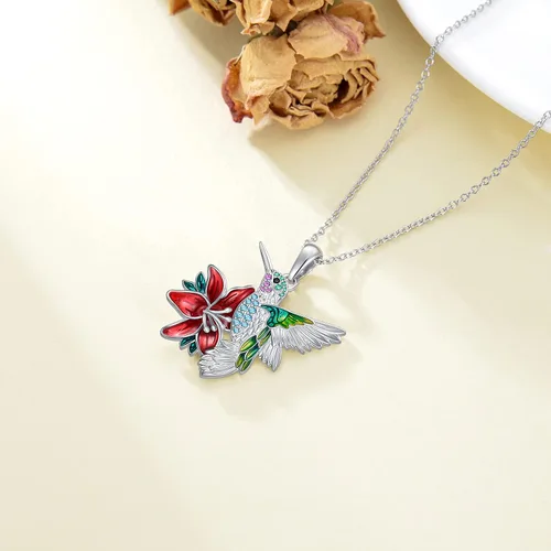 Vista 6 de PEIMKO Collar de colibrí esmaltado con dije de colibrí, collar de plata de ley, lindo collar de pájaro anímico con colgante de pájaro de flor
