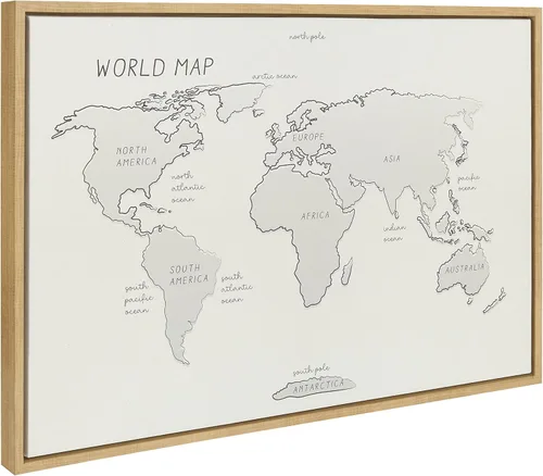 Vista 2 de Kate and Laurel Sylvie World Map - Lienzo decorativo con textura de lino enmarcado para pared, diseño de mapa del mundo por Teju Reval of