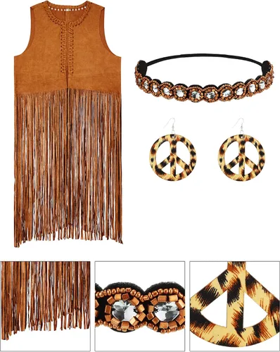Vista 4 de Conjunto hippie de 4 piezas para mujer chaleco de pelo sintético con flequillos de ante