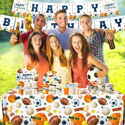 Vista 6 de Juego de 142 platos y servilletas para decoración de fiesta de cumpleaños deportivas, juego de platos y servilletas All Star Baloncesto, Fútbol