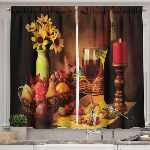 Vista 13 de Ambesonne Cortinas rústicas de cocina, recetas temáticas de verduras para chef, tablones de madera rústica, imagen de arte, cortinas de ventana