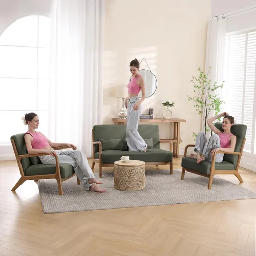 Vista 10 de INZOY Silla con acento moderno de mediados de siglo con marco de madera, sillas tapizadas para sala de estar con cojín lumbar, silla de lectura