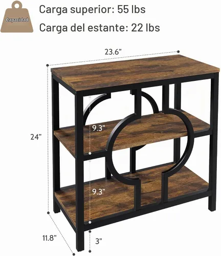 Vista 2 de Mesa auxiliar, mesa auxiliar estrecha con estantes de almacenamiento de 3 niveles, mesa auxiliar de sofá de madera con marco de metal geométrico
