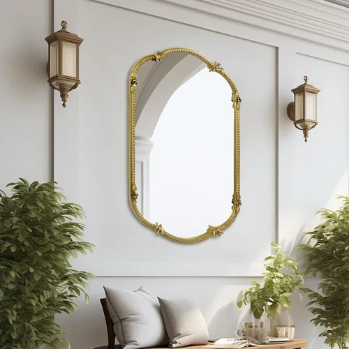 Vista 5 de Espejo de pared ovalado dorado de 19 x 32 pulgadas, espejo decorativo con marco de cuentas de metal, bonito patrón de pájaros y flores, espejo