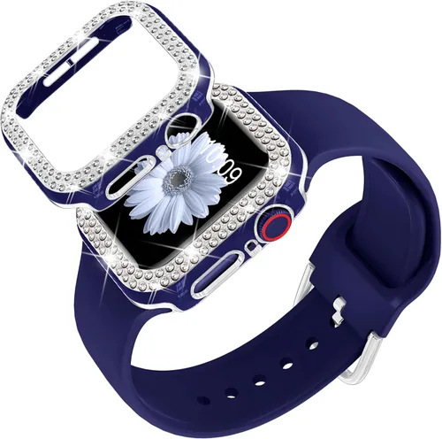 Vista 8 de DABAOZA Compatible con Apple Watch de 1.496 pulgadas con funda de parachoques con purpurina, correa ajustable de silicona negra, suave y cómoda