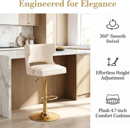 Vista 4 de ROCITY Juego de 2 taburetes de bar color beige con respaldo de piel sintética con base dorada, isla de cocina moderna ajustable para comedor, barra