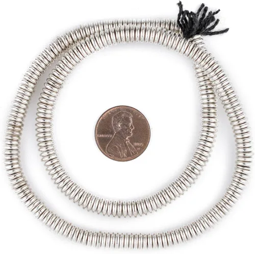Vista 2 de TheBeadChest - Cuentas Heishi lisas extra grandes de plata brillante de 0.236 in, metal blanco, agujero grande, hebra de 16 pulgadas
