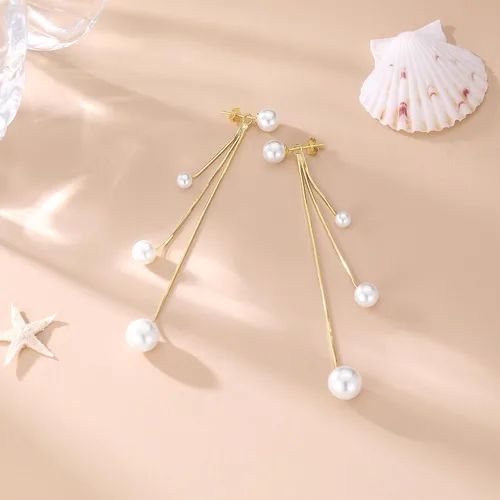 Vista 5 de SLUYNZ Aretes colgantes de plata de ley con perlas para mujeres, adolescentes, aretes colgantes de boda con borla larga B-amarillo