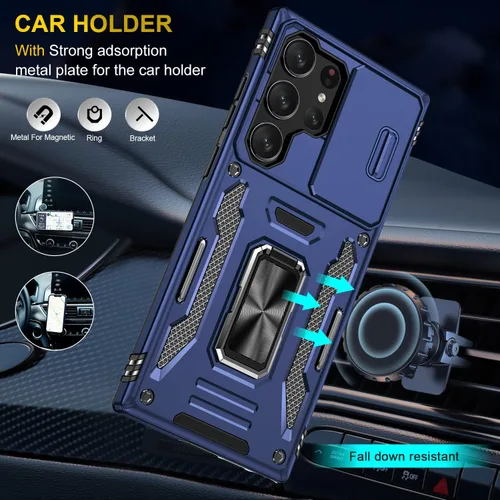 Vista 4 de Saiboro Funda para Galaxy S23 Ultra con funda para cámara y soporte, funda protectora resistente de 2 capas incorporada con soporte magnético