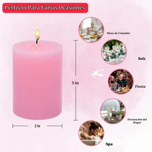 Vista 7 de Paquete de 12 velas de pilar rosas de 2 x 3 pulgadas para el día romántico de San Valentín, velas de columna sin perfume para el hogar