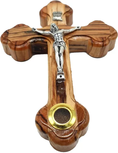 Vista 6 de Zuluf Cruz de pared de madera de 5.5 pulgadas con crucifijo de 14 estaciones y tierra de Jerusalén regalo cristiano de tierra santa de Israel CRS092