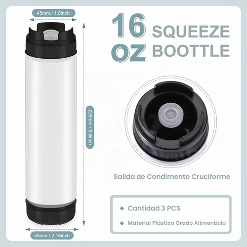 Vista 4 de Sabary 3 unidades de botellas exprimibles de plástico invertidas de 16 oz, dispensador recargable con válvula grande para condimentos, botella Negro