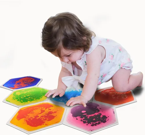 Vista 11 de art3d 4 piezas de baldosas sensoriales redondas para niños, bebés y niños pequeños, alfombra de actividad sensorial líquida colorida para juego