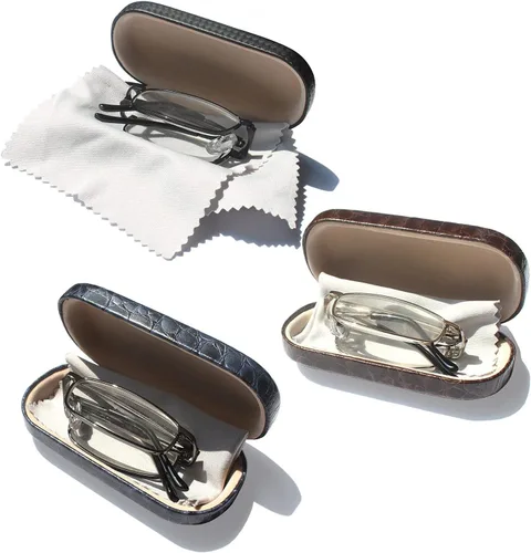 Vista 8 de Gafas de lectura plegables de metal rectangulares compactas con estuche de cuero para hombres y mujeres
