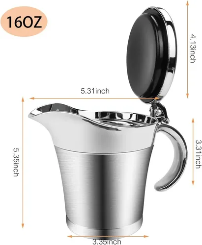 Vista 4 de ShineMe Jarra de acero inoxidable para salsa de barco con tapa, 16 onzas con aislamiento de doble pared para mantener la salsa caliente