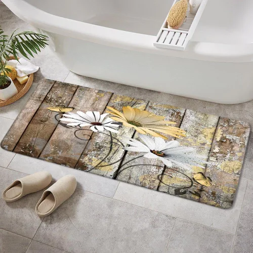 Vista 53 de JAWO Alfombra de baño con flores de granja, dalia en tablones de madera rústica, juego de tapetes de baño con flores azules, en forma de U